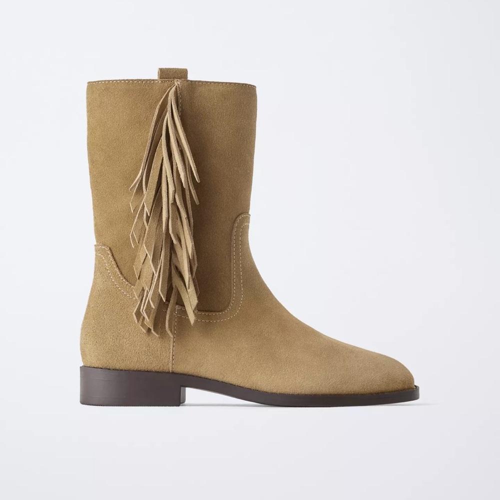 Zara Tan Suede Fringe Ankle Boots